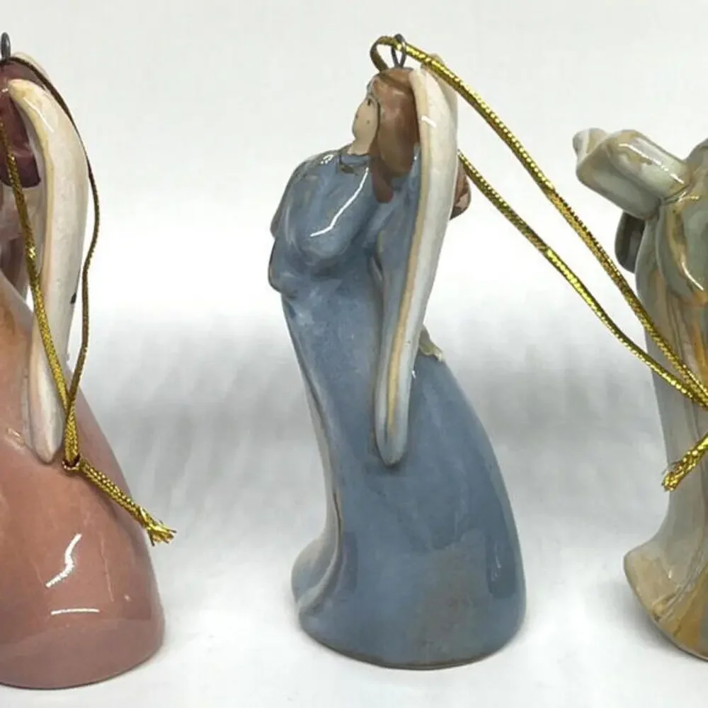 Angel Bell Glazed Ceramic Christmas Ornaments‎ Hand Painted Set of 3